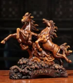 Wine cabinet with horse statue, dark brown wood, brass handles, and a horse figurine on top.