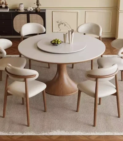 Modern round slate dining table with solid wood legs - Goldoma