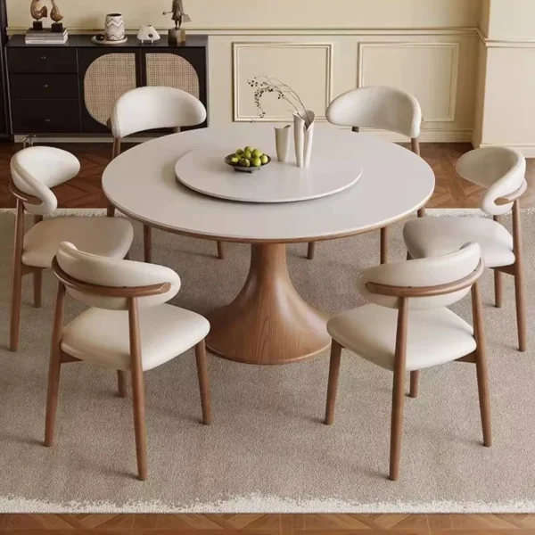 Modern Round Slate Dining Table with Solid Wood Legs