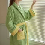 Color Matching Cotton Bathrobe Striped CottonYarn Bathrobes Soft Cozy Absorbent Bath Towel Robes V Neck Hooded Loose