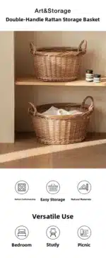 Large Size Wicker Laundry Basket Dirty Clothes Storage Basket Household Toy Weaving Box Japanese Style Pure Color Closet