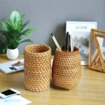 Rattan Pencil Holder, Handmade Wicker Pen Cup Makeup Brushes Holder, Woven Vine Desk Organizer Pen Container Box – angled