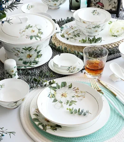 Bone China Dinnerware, Household Ceramic Rice Bowl, Deep Dishes, Soup Pots, Steak Flat Plate, Delicate Floral Tableware