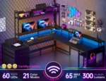 EnHomee L Shaped Computer Desk with Power Outlet & Monitor Stand & LED Gaming Desk with Hutch Drawers for Living,