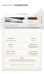 Professional nakiri knife with PM204 steel core and Mkuruti wood handle on wooden cutting board