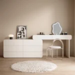 White minimalist wood dresser with mirror and stool in modern bedroom setting