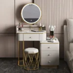 White MDF dressing table with mirror and stool in a modern bedroom setting