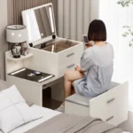 White French modern dressing table with mirror and stool – elegant bedroom vanity with four drawers