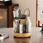 Large capacity pen holder with 360° rotation, displayed on a wooden desk in a home office setting.