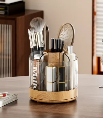 Large capacity pen holder with 360° rotation, displayed on a wooden desk in a home office setting.
