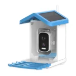 Goldoma solar-powered bird feeder camera mounted on a tree, capturing a bird at the feeder with its 4MP lens.