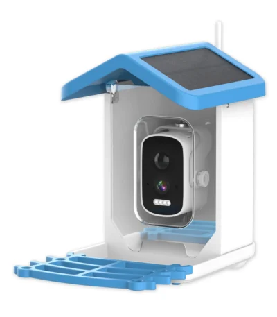 Solar bird feeder camera with solar panel and bird on perch