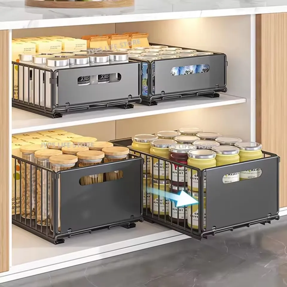 Se9893f4b828c4727871dfc9fd5a2d0c5M.webp Pull out cabinet organizer holding spice bottles and seasoning jars in a kitchen cabinet