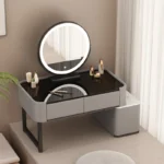 Modern minimalist dressing table with storage shelf for makeup organization in a bedroom