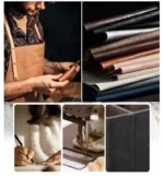 Leather PU pen holder and storage box with a plant and lamp for office decor.