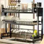 Adjustable Metal Kitchen Storage Rack with Drip Tray & Utensil Holder - Expandable Sink Organizer for Dishes Cups