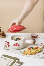 Creative Cartoon Cute Girl Heart Red Mushroom Ceramic Tableware Single Handle Bowl Soup Pot Breakfast Plate – side view