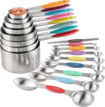 Goldoma 17-piece stainless steel measuring cups set with magnetic spoons on a kitchen counter