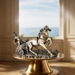 Product on a wooden desk next to a lamp, living room decor setting.