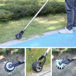 Goldoma lawn edger on a patio, with a potted plant in background, showing home use.