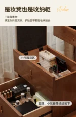 Wooden makeup vanity with mirror and stool in a modern bedroom setting