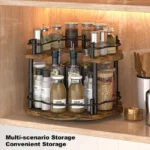 Kitchen countertop organizer with 360° rotating wooden spice rack holding oil, salt, and soy sauce bottles