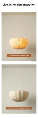 Wabi sabi pendant light hanging over a wooden dining table in a cozy room