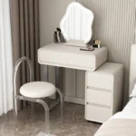 Modern minimalist vanity table with mirror and stool, wood construction, bedroom furniture
