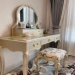 Nordic dressing table with mirror and stool in white solid wood finish