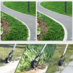Close-up of Goldoma trimmer's stainless steel blade cutting through thick grass.