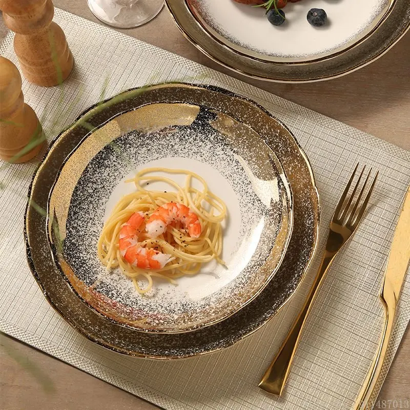 1pc Nordic gold dot wavy ceramic retro luxury high-end household hotel restaurant kitchen supplies dim sum steak dinner plate