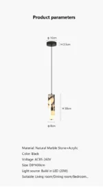Luxury Black Cylinder Natural Stone Pendant Lamp High-end Bedside LED Chandelier Living room Decoration Home Hanging Lights