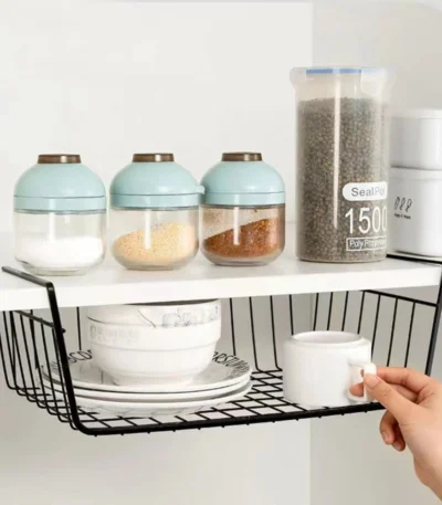 Metal Iron Kitchen Organizer Shelf Desk Cabinet Storage Rack Under Table Hanging Mesh Basket Wardrobe Holders