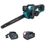 Cordless brushless chainsaw cutting a log in a garden
