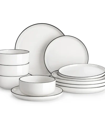 MALACASA 12/24 Piece Black Rim Ceramic Porcelain Dinnerware Set with 4/8 Pcs Dinner/Dessert Plates/Bowl Tableware Set for 4