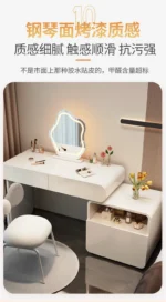 White wooden dressing table with mirror and stool in a modern bedroom setting, featuring LED lighting and organized drawers - Goldoma dressing table with mirror