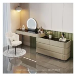 modern dressing table with mirror and stool in a bright bedroom