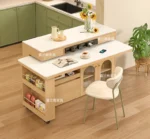 Nordic minimalist extendable dining table with solid wood top and black metal legs in a bright dining room