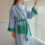 Color Matching Cotton Bathrobe Striped CottonYarn Bathrobes Soft Cozy Absorbent Bath Towel Robes V Neck Hooded Loose