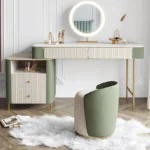Modern dressing table set with two drawers, mirror, and stool in a bedroom setting