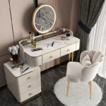 White MDF dressing table with mirror and stool in a modern bedroom setting