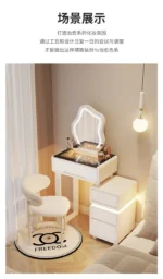 Luxury modern dressing table with mirror and stool in bedroom setting featuring compact vanity with drawers