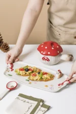 Creative Cartoon Cute Girl Heart Red Mushroom Ceramic Tableware Single Handle Bowl Soup Pot Breakfast Plate – in a cozy room