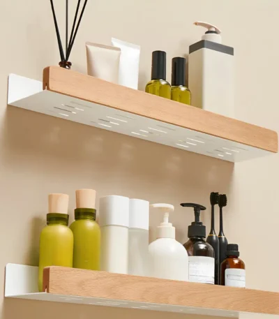 Beech wood bathroom storage rack wall mounted light luxury living room non perforated bathroom storage rack bathroom shelf