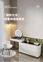 modern dressing table with mirror and stool in a bright bedroom