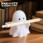 Close-up of the kawaii ghost pen holder showing its white ceramic texture.