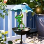Outdoor Solar Frog Figurine Lights with Umbrella Solar Bird Feeder Frog Garden Decor Hummingbird Feeder Decorative Path