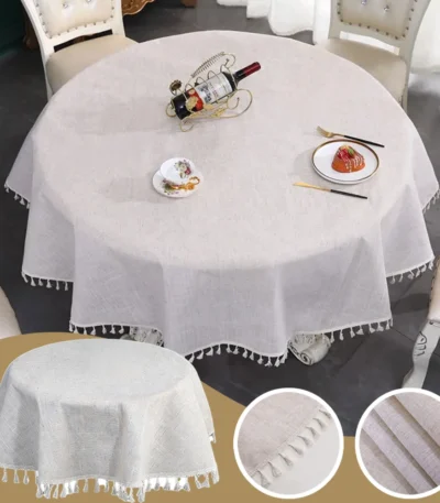 60/90/160/180cm Linen Fabric Dust-Proof Table Cover with Tassel Round Solid Color Tablecloth Kitchen Dinning Table Decoration
