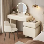 Modern cream dressing table with storage drawers and mirror in bedroom setting
