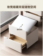 Modern dressing table organizer with shelves for makeup and jewelry in a minimalist bedroom setting